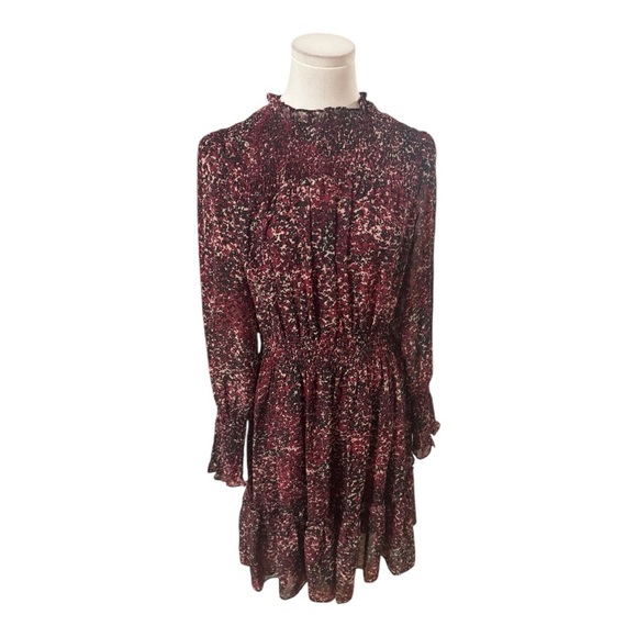 TAYLOR Black Maroon Print Long Sleeve Chiffon Smocked Waist Mini Dress Size 8 - Picture 4 of 10